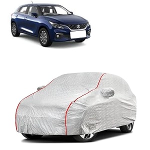 car bady cover waterproof compatible with maruti baleno triple stitched fully elastic ultra mirror pocket  heavy buckle  silver amp red piping silver amp red