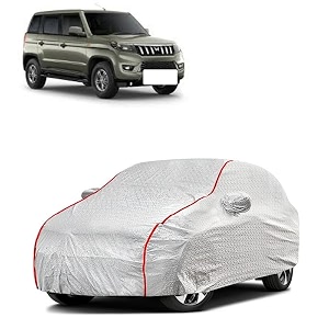 car bady cover waterproof compatible with mahindra kuv100 triple stitched fully elastic ultra mirror pocket  heavy buckle  silver amp red piping silver amp red