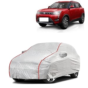 car bady cover waterproof compatible with mahindra xuv 400 ev triple stitched fully elastic ultra mirror pocket  heavy buckle  silver amp red piping silver amp red