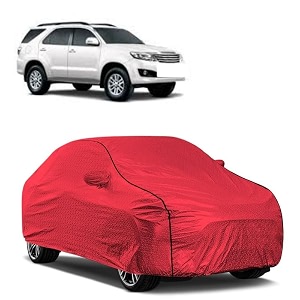 car bady cover waterproof compatible with toyota old fortuner triple stitched fully elastic ultra mirror pocket  heavy buckle  mth red amp black piping red amp black