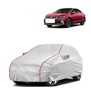 car bady cover waterproof compatible with volkswagen virtus triple stitched fully elastic ultra mirror pocket  heavy buckle  silver amp red piping silver amp red