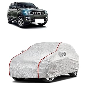 car bady cover waterproof compatible with mahindra scorpio n triple stitched fully elastic ultra mirror pocket  heavy buckle  silver amp red piping silver amp red