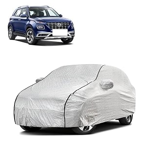 car bady cover waterproof compatible with hyundai venue triple stitched fully elastic ultra mirror pocket  heavy buckle  silver amp black piping silver amp black