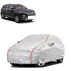 car bady cover waterproof compatible with mg hector plus triple stitched fully elastic ultra mirror pocket  heavy buckle  silver amp red piping silver amp red