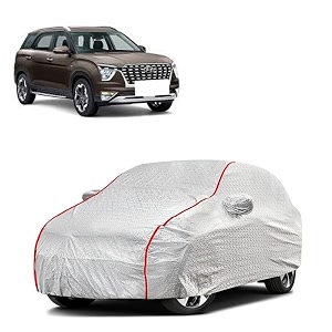 car bady cover waterproof compatible with hyundai alcazar triple stitched fully elastic ultra mirror pocket  heavy buckle  silver amp red piping silver amp red