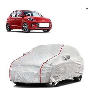 car bady cover waterproof compatible with hyundai grand i10 triple stitched fully elastic ultra mirror pocket  heavy buckle  silver amp red piping silver amp red