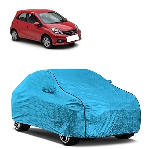 car bady cover waterproof compatible with honda brio triple stitched fully elastic ultra mirror pocket  heavy buckle  mtl blue amp black piping blue amp black