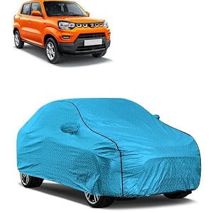 car bady cover waterproof compatible with maruti s-presso triple stitched fully elastic ultra mirror pocket  heavy buckle  mtl blue amp black piping blue amp black