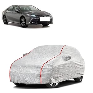 car bady cover waterproof compatible with toyota camry triple stitched fully elastic ultra mirror pocket  heavy buckle  silver amp red piping silver amp red
