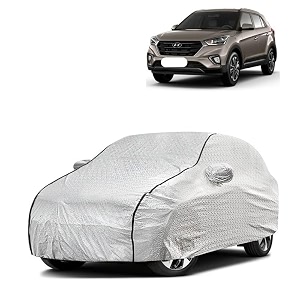 car bady cover waterproof compatible with hyundai creta triple stitched fully elastic ultra mirror pocket  heavy buckle  silver amp black piping silver amp black