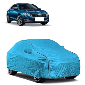 car bady cover waterproof compatible with skoda octavia triple stitched fully elastic ultra mirror pocket  heavy buckle  mtl blue amp black piping blue amp black