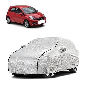 car bady cover waterproof compatible with honda brio triple stitched fully elastic ultra mirror pocket  heavy buckle  silver amp black piping silver amp black