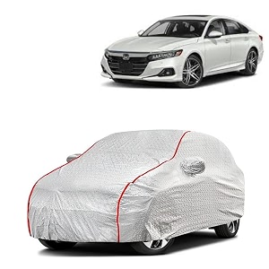 car bady cover waterproof compatible with honda new accord triple stitched fully elastic ultra mirror pocket  heavy buckle  silver amp red piping silver amp red