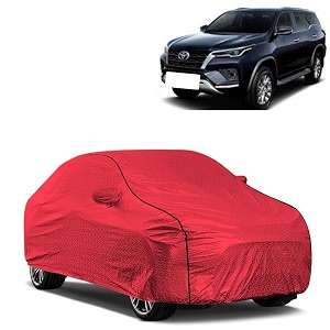 car bady cover waterproof compatible with toyota new fortuner triple stitched fully elastic ultra mirror pocket  heavy buckle  mth red amp black piping red amp black