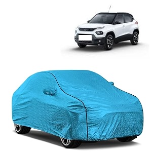 car bady cover waterproof compatible with tata punch triple stitched fully elastic ultra mirror pocket  heavy buckle  mtl blue amp black piping blue amp black