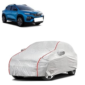 car bady cover waterproof compatible with renault kiger triple stitched fully elastic ultra mirror pocket  heavy buckle  silver amp red piping silver amp red