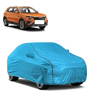 car bady cover waterproof compatible with skoda kushaq triple stitched fully elastic ultra mirror pocket  heavy buckle  mtl blue amp black piping blue amp black