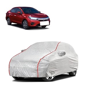car bady cover waterproof compatible with honda city hybrid ehev triple stitched fully elastic ultra mirror pocket  heavy buckle  silver amp red piping silver amp red