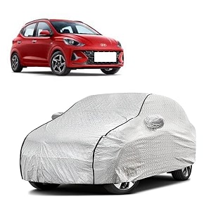 car bady cover waterproof compatible with hyundai grand i10 nios triple stitched fully elastic ultra mirror pocket  heavy buckle  silver amp black piping silver amp black