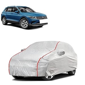 car bady cover waterproof compatible with volkswagen tiguan triple stitched fully elastic ultra mirror pocket  heavy buckle  silver amp red piping silver amp red