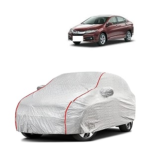 car bady cover waterproof compatible with honda city i-dtec triple stitched fully elastic ultra mirror pocket  heavy buckle  silver amp red piping silver amp red