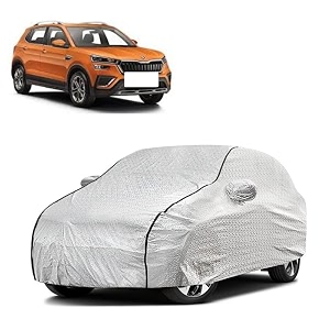 car bady cover waterproof compatible with skoda kushaq triple stitched fully elastic ultra mirror pocket  heavy buckle  silver amp black piping silver amp black