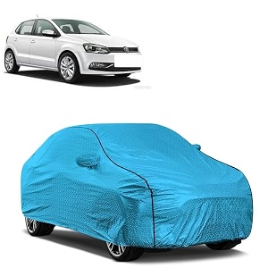 car bady cover waterproof compatible with volkswagen polo triple stitched fully elastic ultra mirror pocket  heavy buckle  mtl blue amp black piping blue amp black