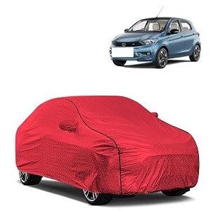 car bady cover waterproof compatible with tata tiago ev triple stitched fully elastic ultra mirror pocket  heavy buckle  mth red amp black piping red amp black