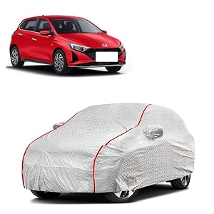 car bady cover waterproof compatible with hyundai elite i20 triple stitched fully elastic ultra mirror pocket  heavy buckle  silver amp red piping silver amp red