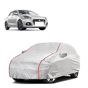 car bady cover waterproof compatible with maruti dzire triple stitched fully elastic ultra mirror pocket  heavy buckle  silver amp red piping silver amp red