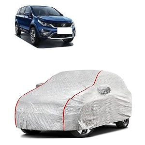 car bady cover waterproof compatible with tata hexa triple stitched fully elastic ultra mirror pocket  heavy buckle  silver amp red piping silver amp red
