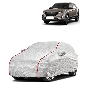 car bady cover waterproof compatible with hyundai creta triple stitched fully elastic ultra mirror pocket  heavy buckle  silver amp red piping silver amp red