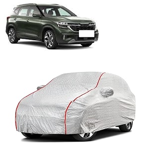 car bady cover waterproof compatible with kia sonet triple stitched fully elastic ultra mirror pocket  heavy buckle  silver amp red piping silver amp red