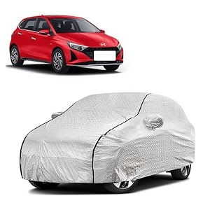 car bady cover waterproof compatible with hyundai elite i20 triple stitched fully elastic ultra mirror pocket  heavy buckle  silver amp black piping silver amp black