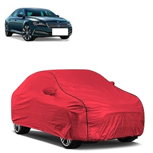car bady cover waterproof compatible with skoda superb triple stitched fully elastic ultra mirror pocket  heavy buckle  mth red amp black piping red amp black