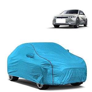 car bady cover waterproof compatible with hyundai ioniq 5 triple stitched fully elastic ultra mirror pocket  heavy buckle  mtl blue amp black piping blue amp black