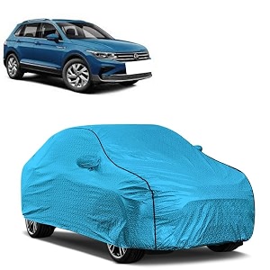 car bady cover waterproof compatible with volkswagen tiguan triple stitched fully elastic ultra mirror pocket  heavy buckle  mtl blue amp black piping blue amp black