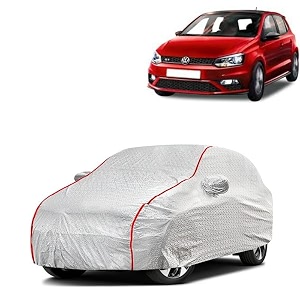 car bady cover waterproof compatible with volkswagen polo gt triple stitched fully elastic ultra mirror pocket  heavy buckle  silver amp red piping silver amp red