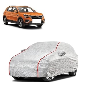 car bady cover waterproof compatible with skoda kushaq triple stitched fully elastic ultra mirror pocket  heavy buckle  silver amp red piping silver amp red