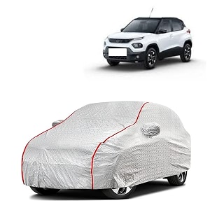 car bady cover waterproof compatible with tata punch triple stitched fully elastic ultra mirror pocket  heavy buckle  silver amp red piping silver amp red