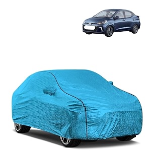 car bady cover waterproof compatible with hyundai aura triple stitched fully elastic ultra mirror pocket  heavy buckle  mtl blue amp black piping blue amp black