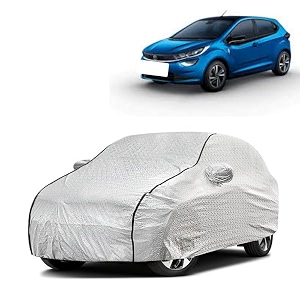 car bady cover waterproof compatible with tata altroz triple stitched fully elastic ultra mirror pocket  heavy buckle  silver amp black piping silver amp black