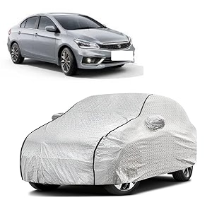 car bady cover waterproof compatible with maruti ciaz triple stitched fully elastic ultra mirror pocket  heavy buckle  silver amp black piping silver amp black