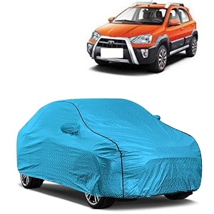 car bady cover waterproof compatible with toyota etios cross triple stitched fully elastic ultra mirror pocket  heavy buckle  mtl blue amp black piping blue amp black