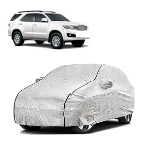 car bady cover waterproof compatible with toyota old fortuner triple stitched fully elastic ultra mirror pocket  heavy buckle  silver amp black piping silver amp black