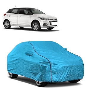 car bady cover waterproof compatible with hyundai elite i20 2020 triple stitched fully elastic ultra mirror pocket  heavy buckle  mtl blue amp black piping blue amp black