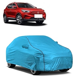 car bady cover waterproof compatible with mg zs ev triple stitched fully elastic ultra mirror pocket  heavy buckle  mtl blue amp black piping blue amp black