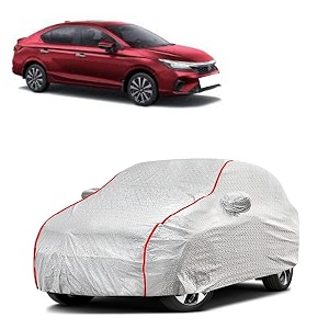 car bady cover waterproof compatible with honda city i-vtec triple stitched fully elastic ultra mirror pocket  heavy buckle  silver amp red piping silver amp red
