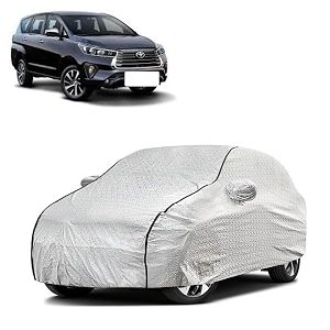 car bady cover waterproof compatible with toyota innova crysta triple stitched fully elastic ultra mirror pocket  heavy buckle  silver amp black piping silver amp black