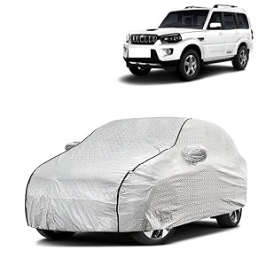 car bady cover waterproof compatible with mahindra scorpio classic triple stitched fully elastic ultra mirror pocket  heavy buckle  silver amp black piping silver amp black
